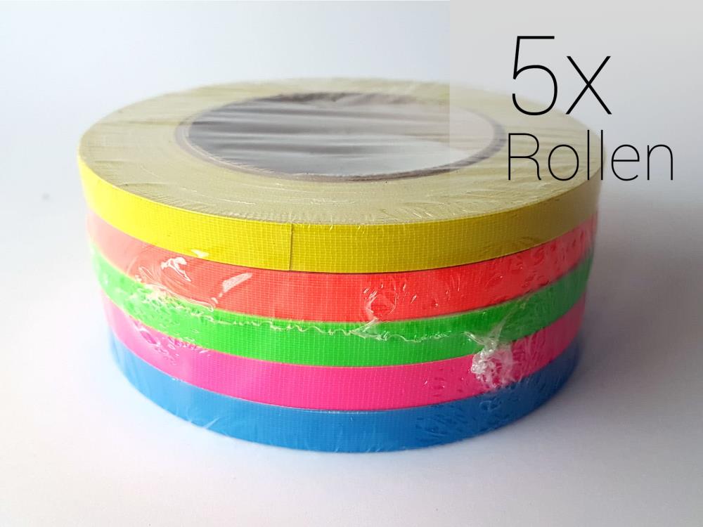 Gewebeband Neon Klebeband fluoreszierendes Neon Gaffa Tape Set, 5x Rollen 10mm x 25m Gewebeband Neon Klebeband fluoreszierendes Neon Gaffa Tape Set, 5x Rollen 10mm x 25m
